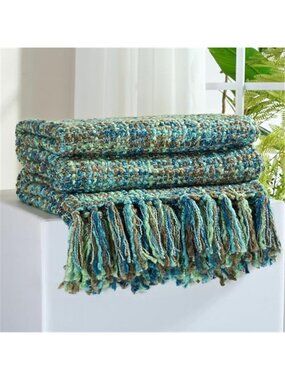 Green Boho Throw Blanket Acrylic Soft Lightweight Tassel Couch Bed Decor